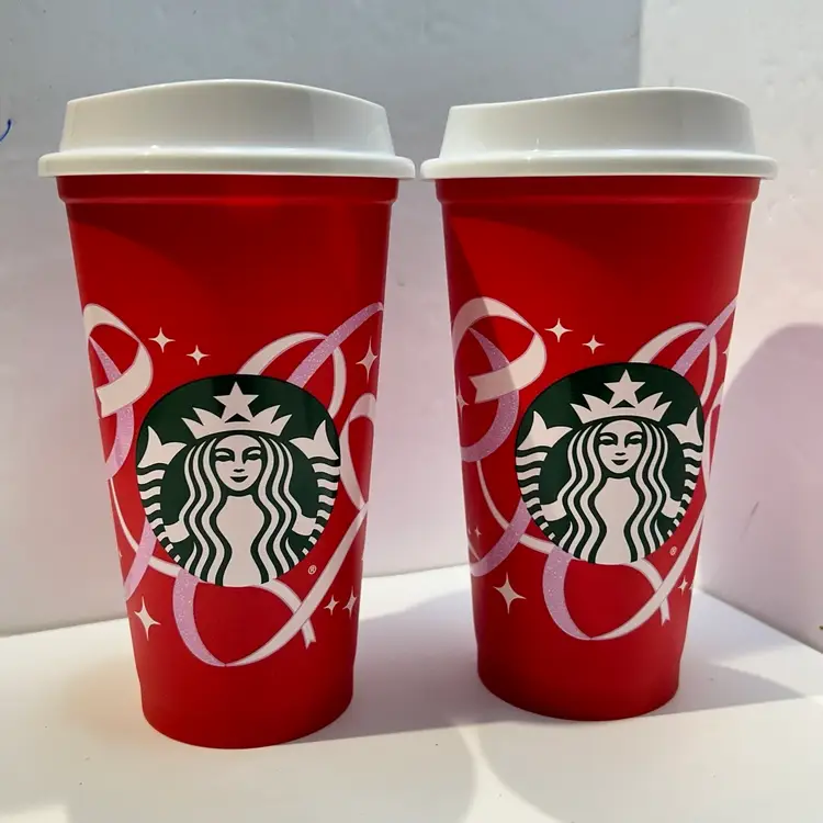 Starbucks 2013 Red Plastic Reusable Cup 50 Years of Coffee 16 Oz Set If 2