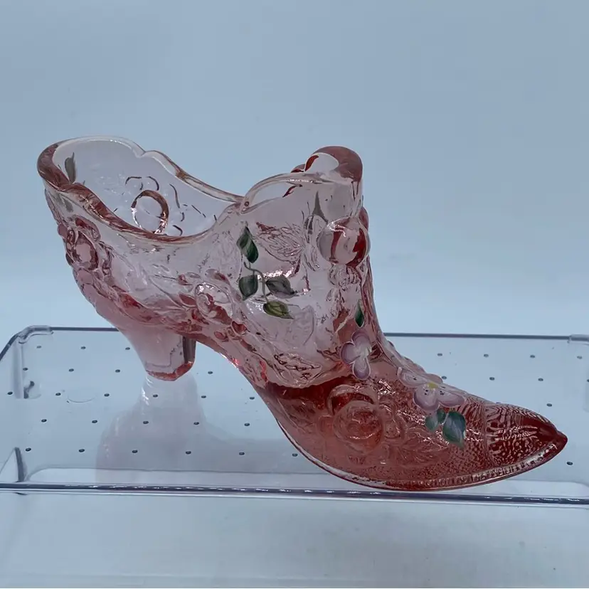 #0424 Pink Fenton glass shoe with molded floral and hand-painted decoration Signed M Nichols 6” x 2.75”