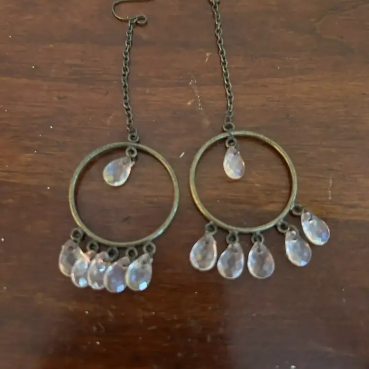 Vintage Boho Dangle Earrings - Brass-Tone Hoops with Pale Pink Beads Chandelier