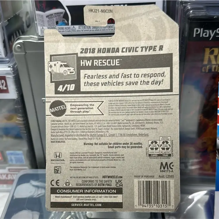 Hotwheel 2018 Honda Civic Type R HW Rescue 4/10 215/250 Little Dent On Top Box Still In Factory Sleeve