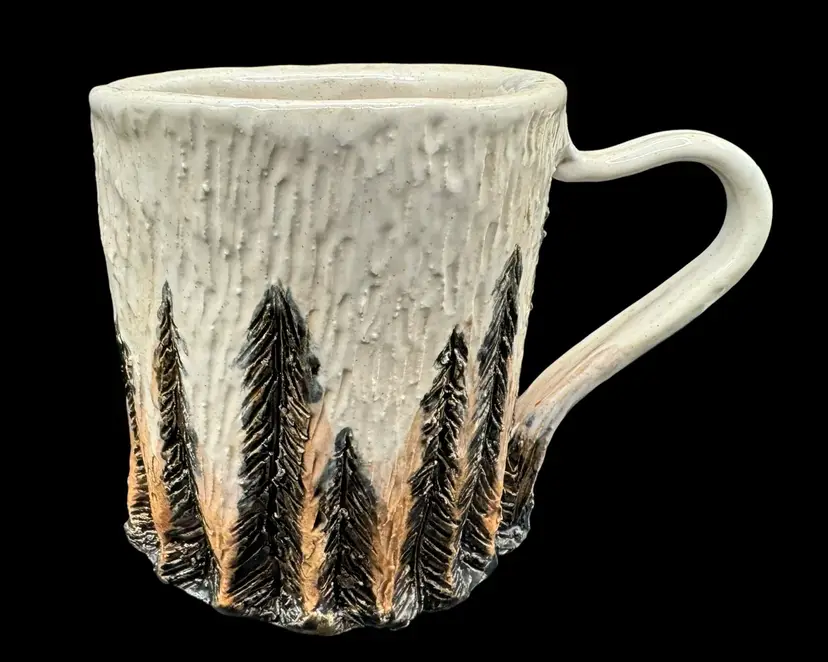 Signed Studio Art Pottery Coffee Mug Cup Evergreen Fir Trees White Brown Texture