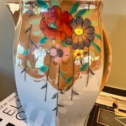 Vintage Japanese Porcelain Lusterware Pitcher or Vase With Floral Design Art Deco Iridescent Metelac Glaze