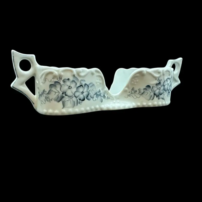 Nancy Gribble Signed Hand Painted Blue Floral Double Spoon Rest 9"L 2"D 2"W