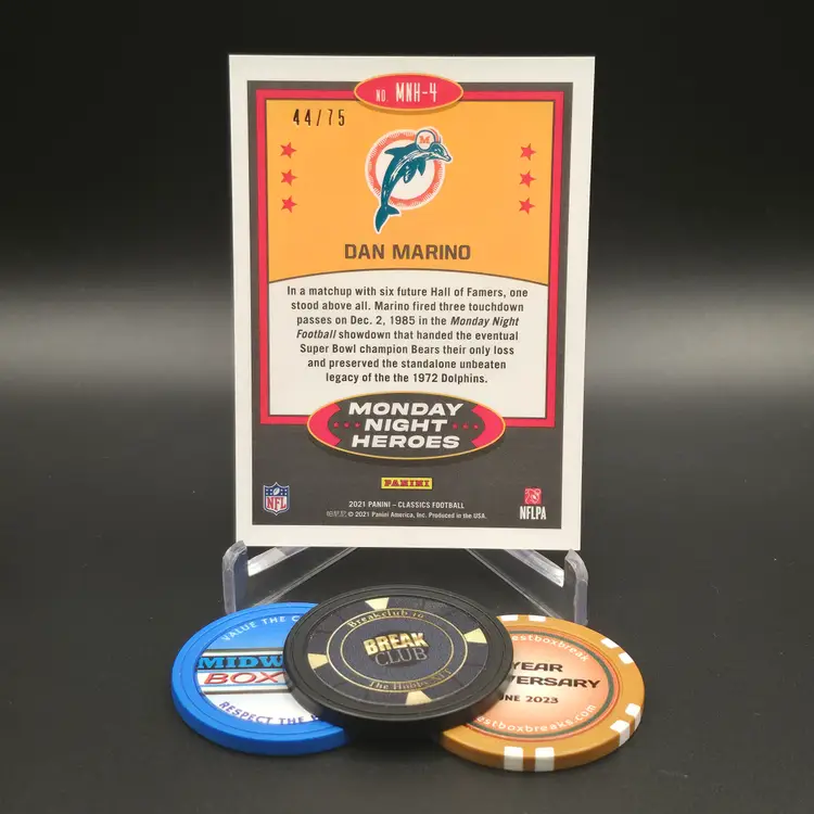 Dan Marino 2021 Panini Classics Football Monday Night Heroes Insert Gold Parallel Numbered 44/75 Card # MNH-4 - Miami Dolphins