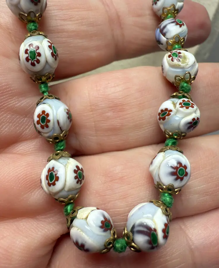 Vintage Italian 22.5" White Red Millefiori Glass Beaded Necklace Hand Knotted