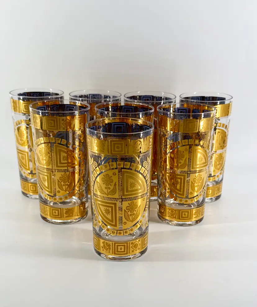 Vtg Lot 8 Culver Coronet 12oz Highball Cocktail Glasses 22kt Gold