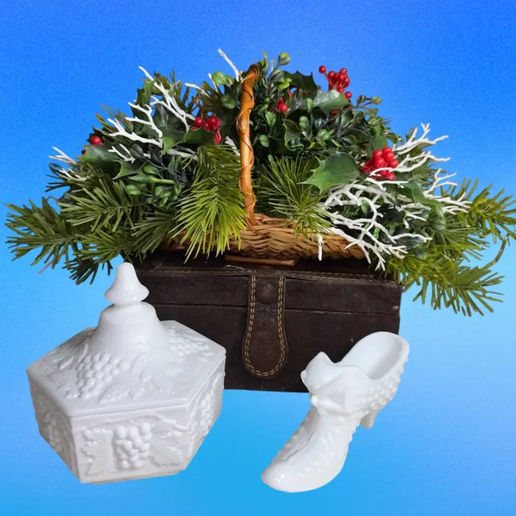 Merry Christmas Vignette Imperial Candy Dish, Milk Glass Fenton Shoe, Vintage Greenery Basket