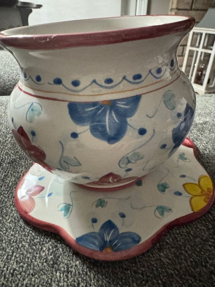 Signed Hand Painted Ceramic Planter With Matching Saucer