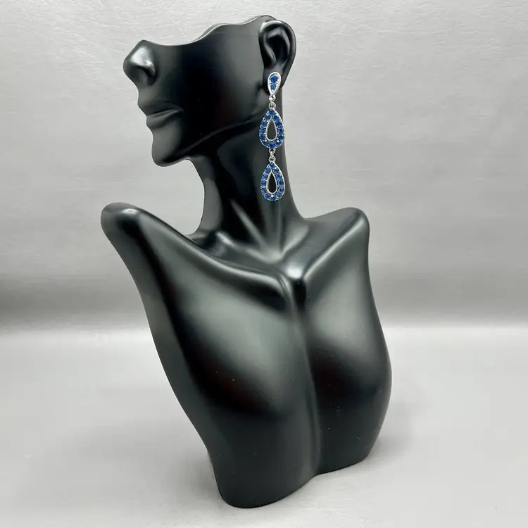 Monet Earrings Blue Rhinestones Silver Tone  Drop Dangle Tear Drop 2.5"