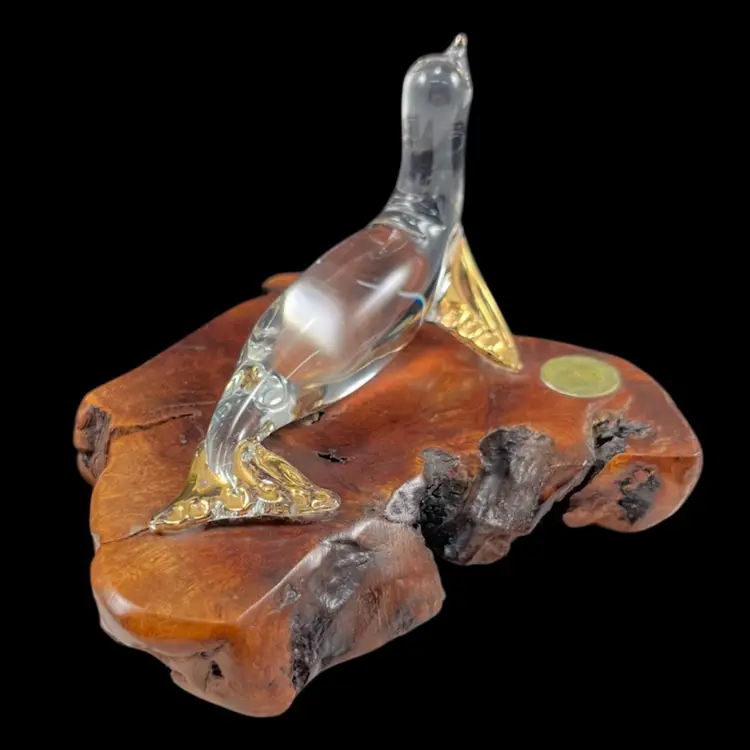 Art Glass Seal With 22k Gold Trim On Wood Base, Vintage Glass Seal On Wood Sculpture, Glass Seal Figurine, Vintage Nautical Decor