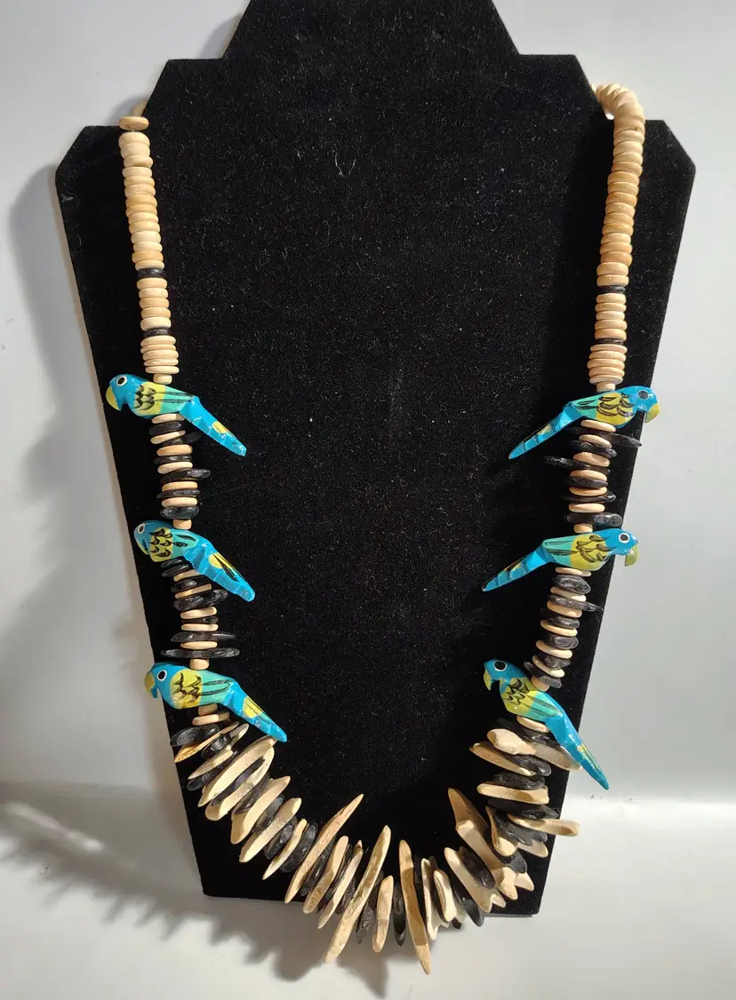 Vintage Wooden Carved Tropical Parrot Necklace
