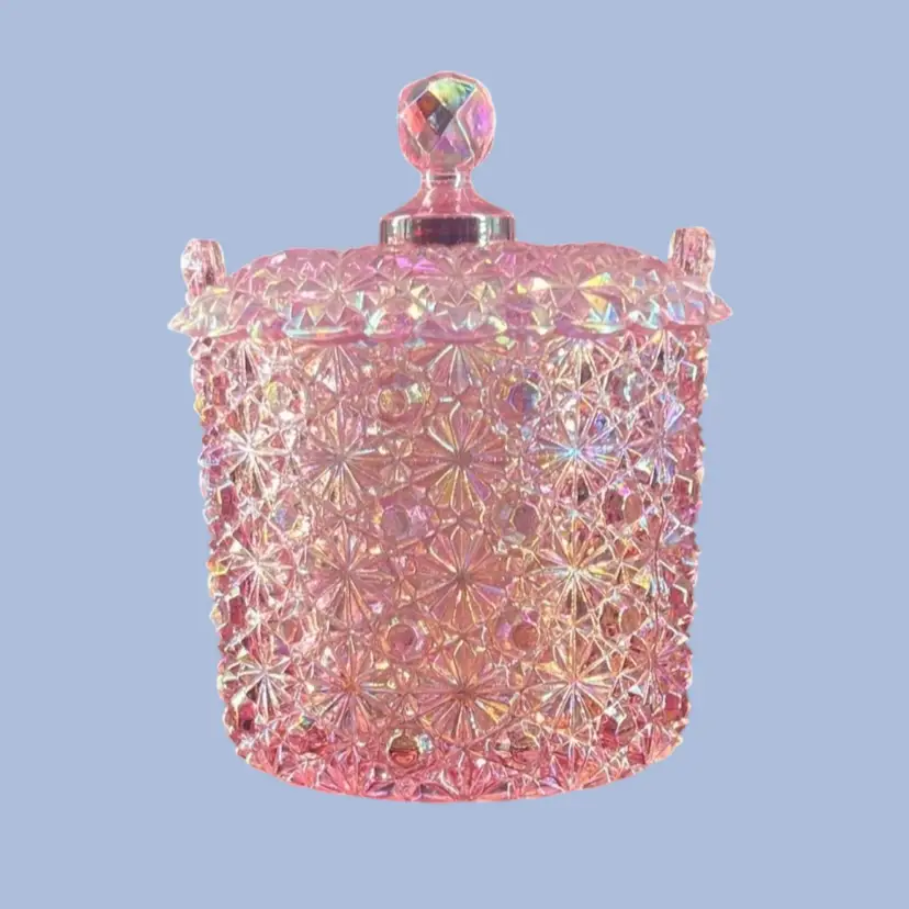 Vintage Fenton Lidded Candy Dish "Daisy and Button" Pressed Glass Pattern Faceted Knob Iridescent Pink Ice Bucket Biscuit Jar Container Springtime Easter Mothers Day Decor Fenton Logo Pattern: Daisy and Button.Color/Finish: Pink Pearl (iridescent).Item Type: Candy Jar, Ice Bucket, or Biscuit Jar.