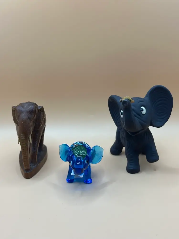 Lot Of 3 Elephant Figurines One Wood, One Glass, One Ceramic