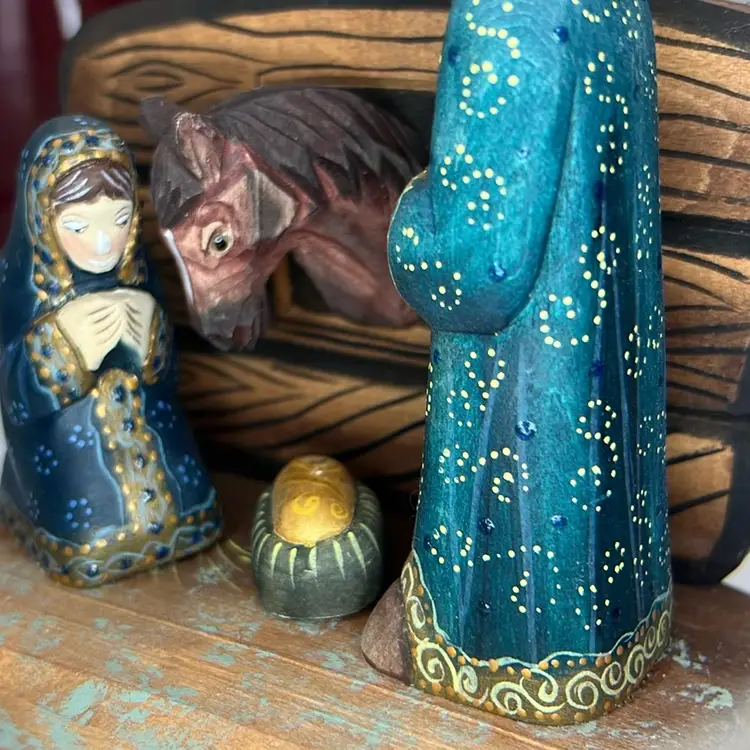 Russian hand painted signed wood Nativity 4.5” Tall x 5.75” Wide