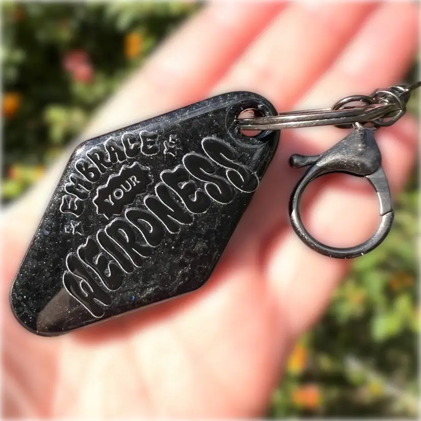 “Embrace Your Weirdness” Black Resin 5” Motel-Style Keychain. Handmade By Me 🫶. Perfect For Personal Expression Or Halloween.