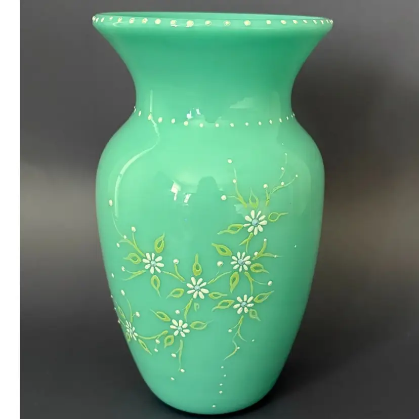 Antique Turquoise Opaline Uranium Glass Vase-Hand Painted Enamel Floral