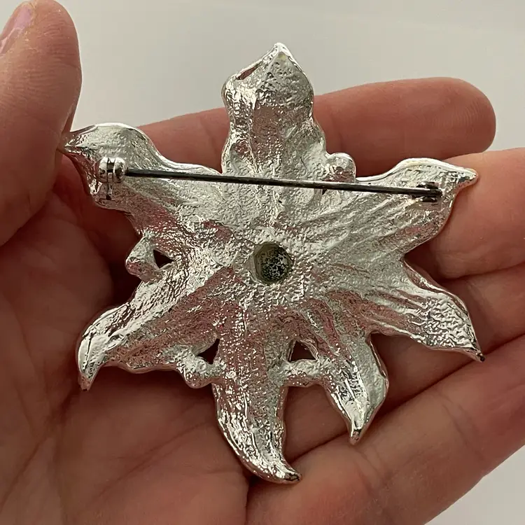 Large Vintage Gold Poinsettia brooch - enamel & white rhinestones - Nolan Miller style