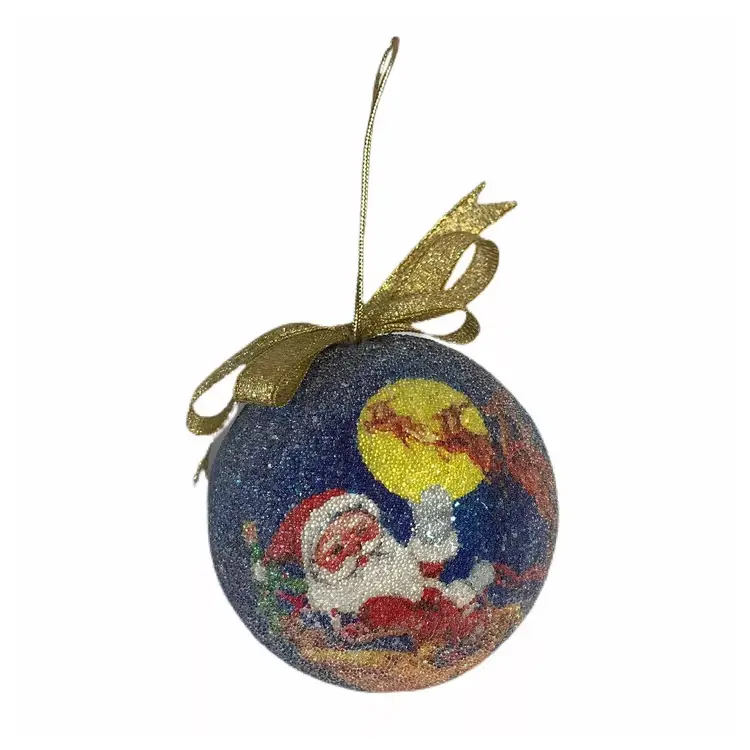 Vintage Ornament Santa Reindeer Sparkly Gold Bow Moon Round Christmas Holiday