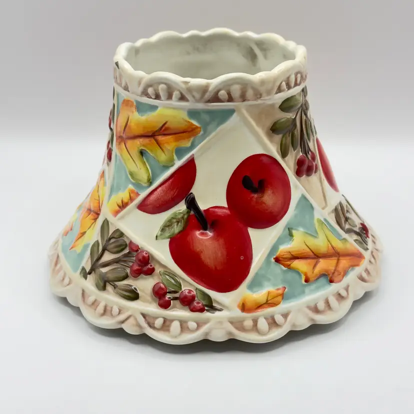 Vintage Apple Patchwork Ceramic Apple & Leaf Motif Jar Candle Lamp Shade Topper, Hand-painted Autumn Decor, By Yankee Candle, Made in China, MPN 1126579