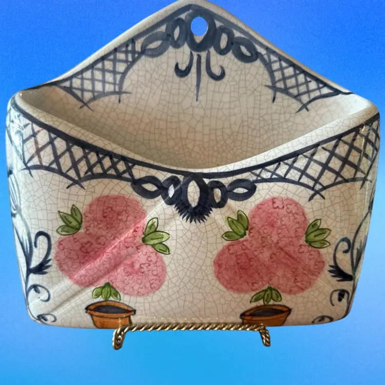 Vintage Italian Ceramic WALL POCKET HAND MADE Italy Pink Flowers Green Leaves Blue Trim