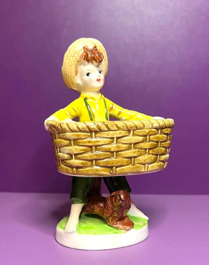 Vintage Lugene’s Japan Tom Sawyer Style Boy With Dog And Basket Figurine