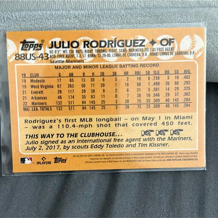 2023 Topps Update Julio Rodriguez 1988 Insert Card Gold Cup #88US-43 - Mariners