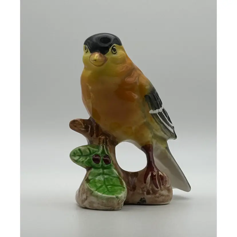 Vintage Porcelain Gold Finch Bird On Branch With Holly Figurine Made In Japan