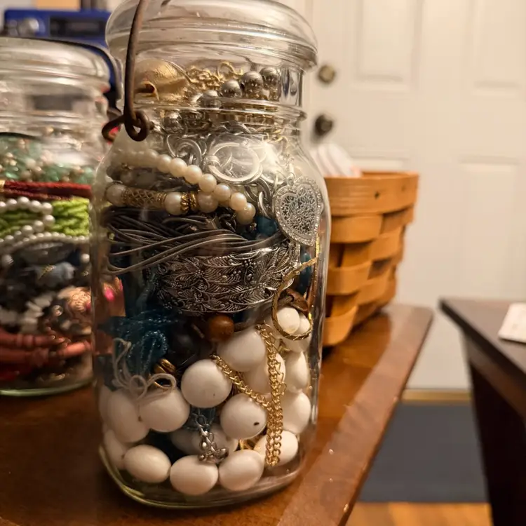 Vintage Ball Jar 8” Filled W/Necklaces Rings Bracelets