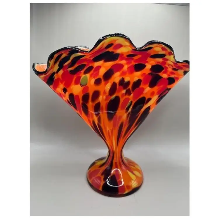 #03 - Franz Welz Czech Tango Splatter Glass Fan Vase ~ Signed Made In Czechoslovakia ~ UV Reactive ~ Multicolor Swirl ~ 8 inches Tall, 8.25 inches wide