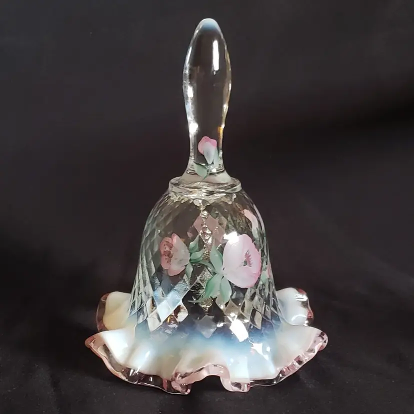 Fenton Art Glass Bell Handpainted Opalescent Pink Floral Ruffled Signed 7" READ