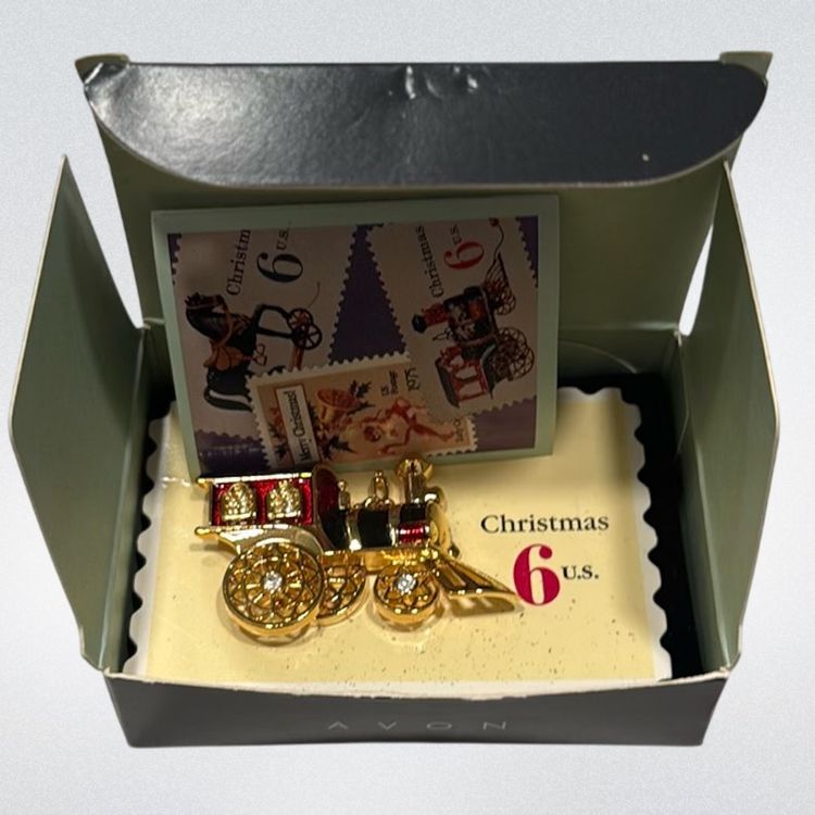 Vintage 1996 Avon Smithsonian GoldTone Red & Black Enamel Toy Train Brooch NIB