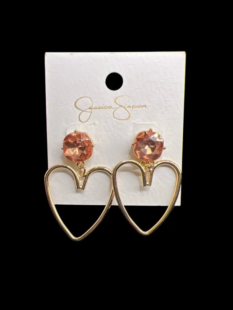 Jessica Simpson Gold Tone Open Heart  Pink Rhinestone Pierced Earrings #C-8