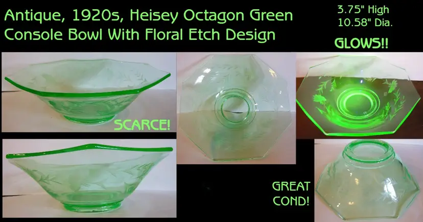 Antique Heisey Glass, Uranium Octagon Green Etched Console Bowl, RARE