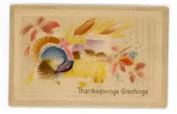 Postcard Airbrushed Thanksgiving Greetings Embossed Turkey Landscape Corn - 20830