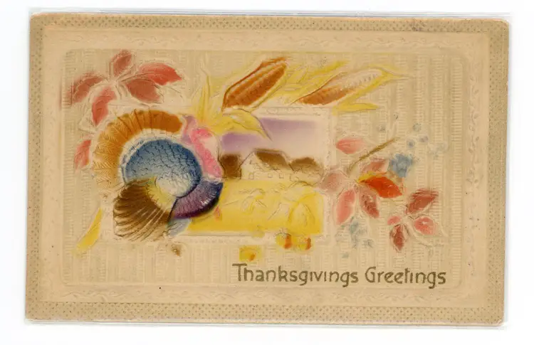 Postcard Airbrushed Thanksgiving Greetings Embossed Turkey Landscape Corn - 20830