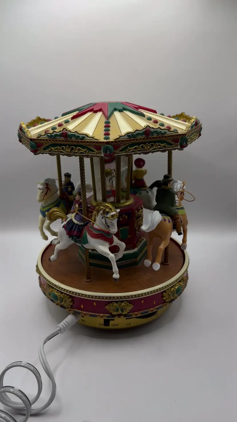 Vintage 1997 Christmas Go Round Carousel Horse & Riders Musical Display, Hand-Painted Plastic, Whimsical Holiday Decor, By Mr. Christmas, Made in China, MPN 29107, Adapter Included