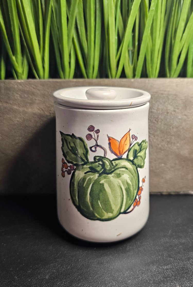 Happy Harvest Green Pumpkin Small Lidded Stoneware Jar by Belle Maison