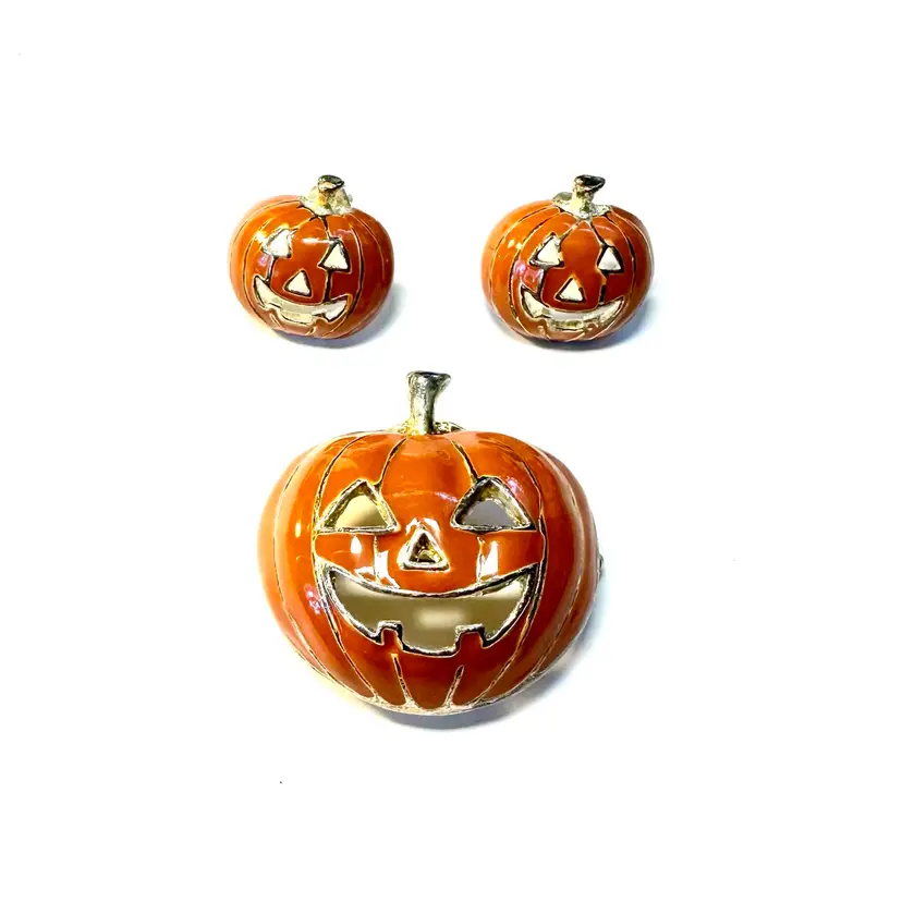 Halloween Jack-o-lantern Pendant Brooch Earrings Set