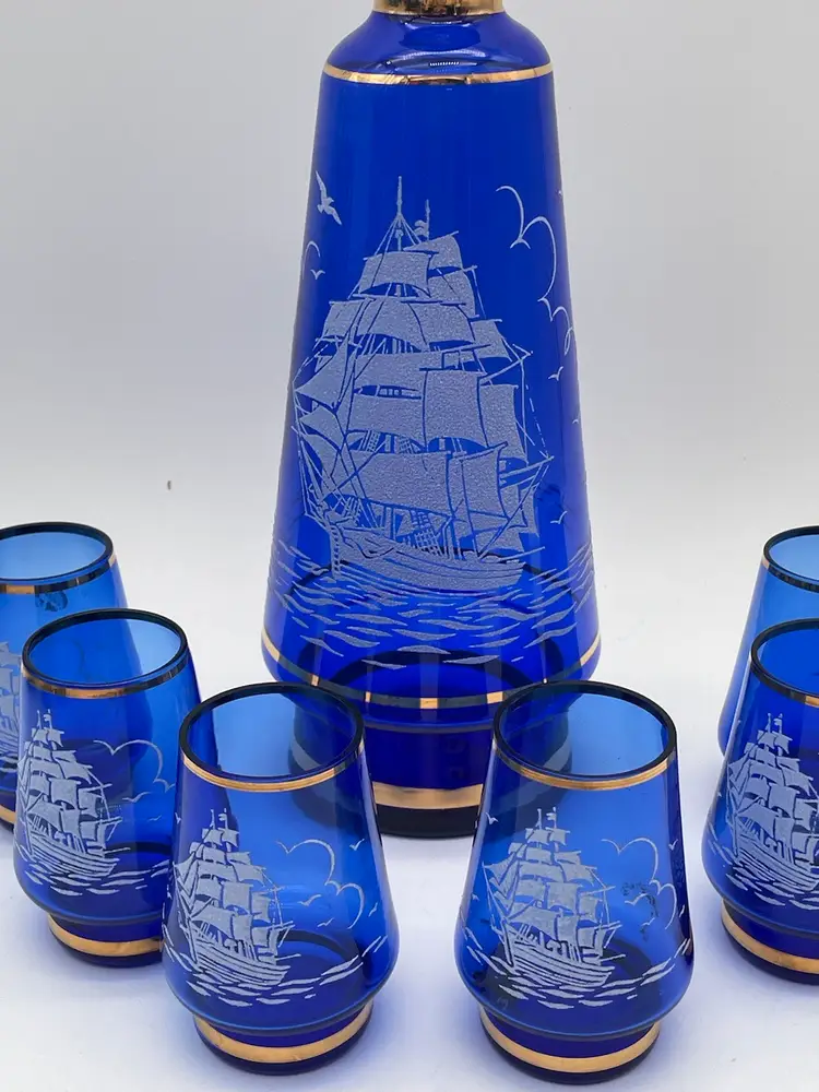 Vintage Cobalt Blue Nautical Decanter With 6 Small Glasses