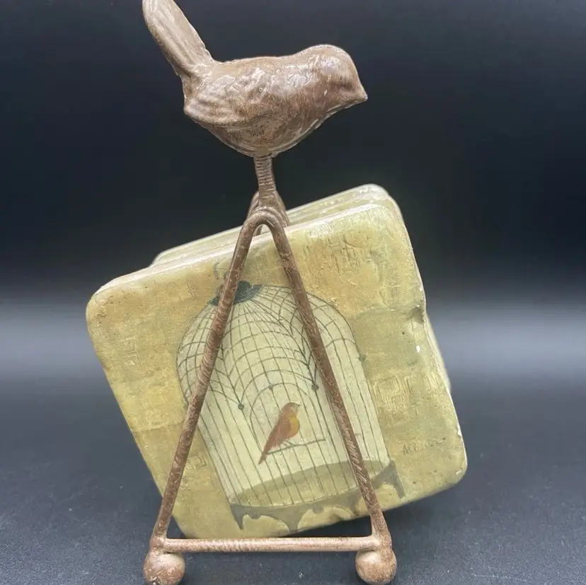 Albeua Stoneware Coasters (4) Bird in Cage Theme With Metal Holding Carrier