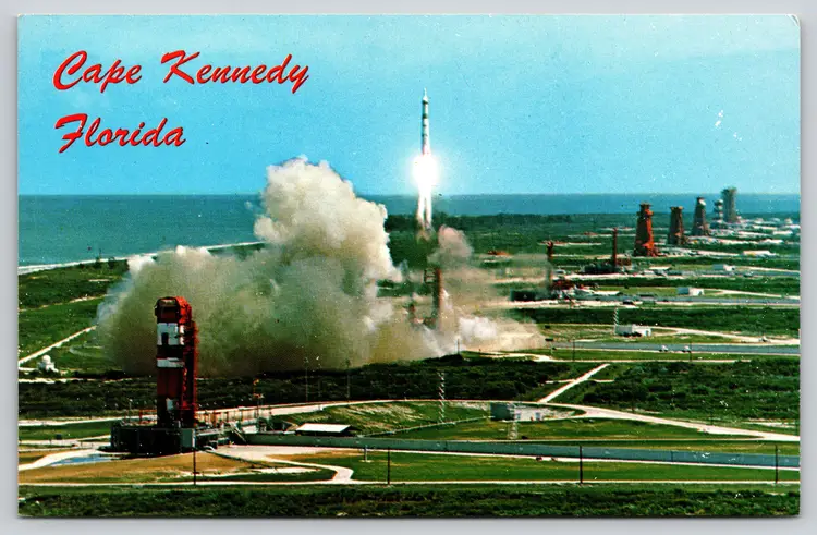 Postcard Aerial View Cape Kennedy Florida Martin's Titan Rocket Blasts Off NASA