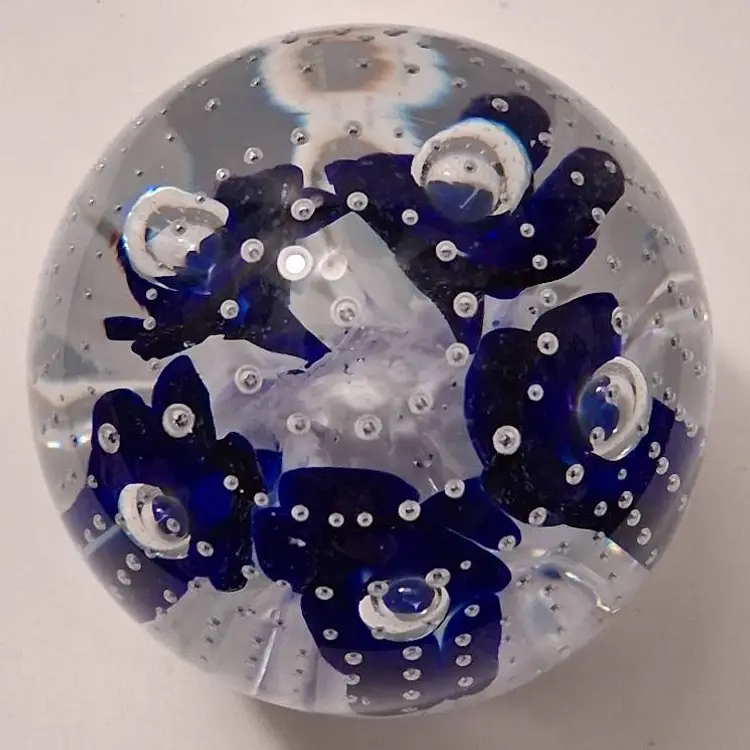 Vintage Gibson Glass 1995 Controlled Bubble Cobalt Flower Dome Paperweight