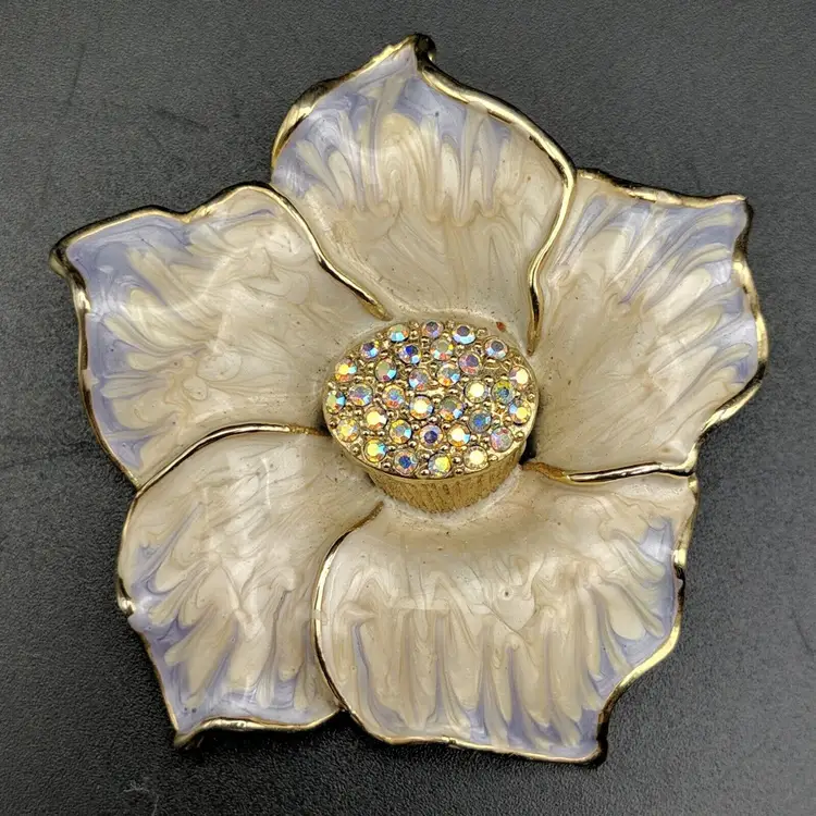 Periwinkle Blue & Ivory Enamel Magnolia Flower Austrian AB Crystal Center Brooch
