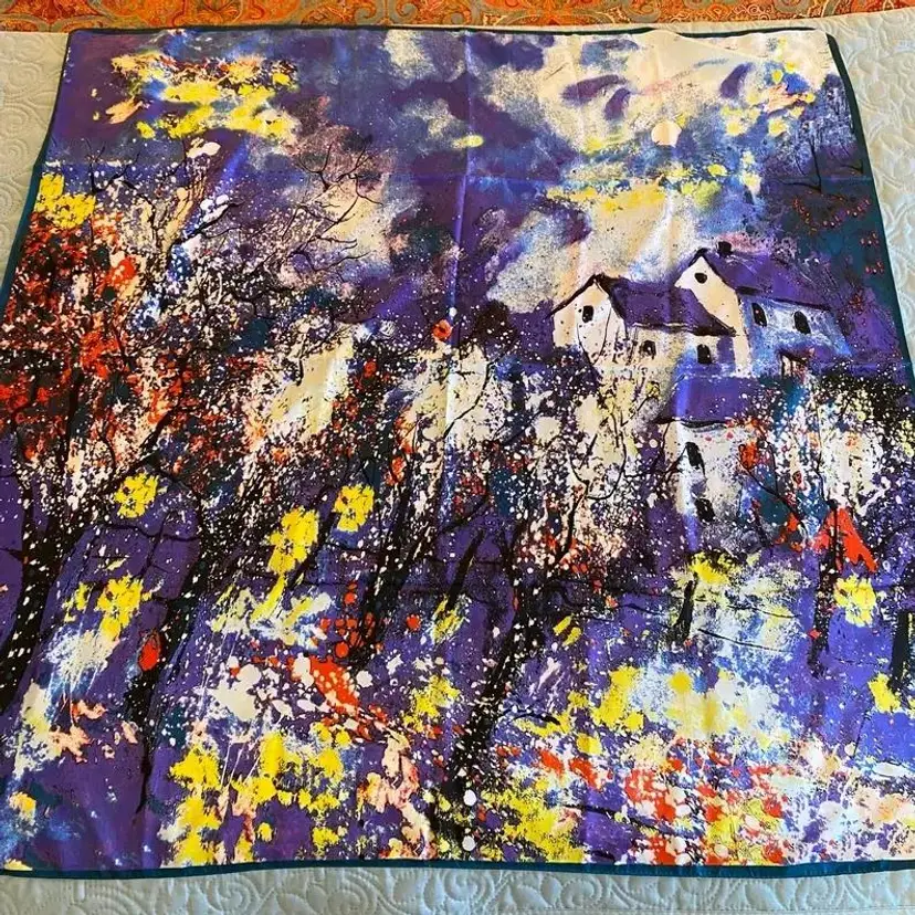 #2510 Vintage Abstract Art Head Scarf Blue Multicolour Large 100% Silk Square