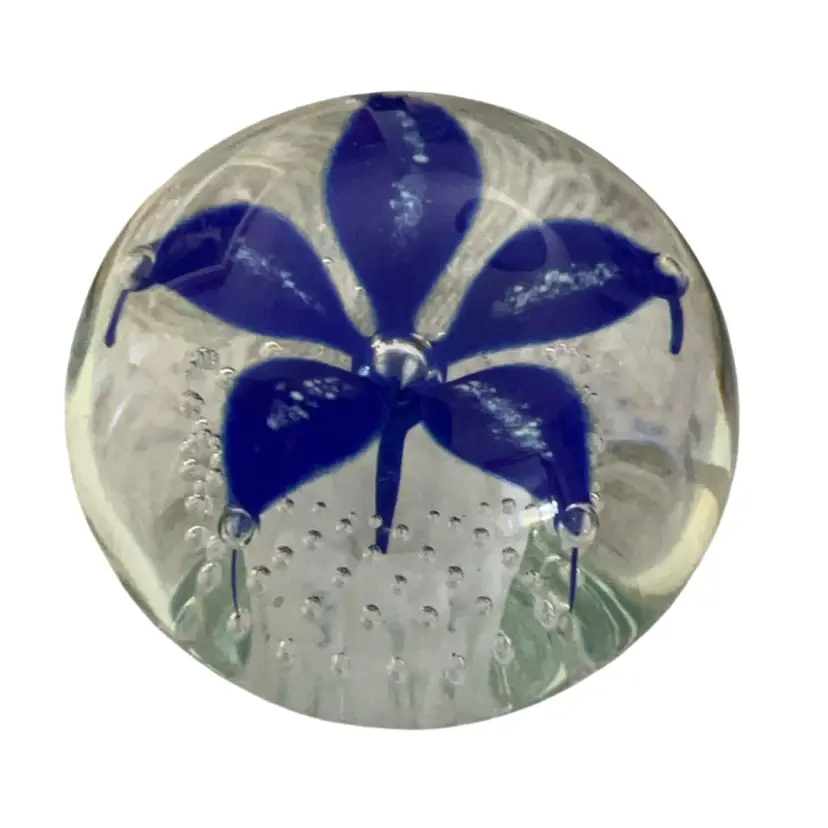 Wheaton Village Glass Blue Flower Controlled Bubbles Paperweight 3”