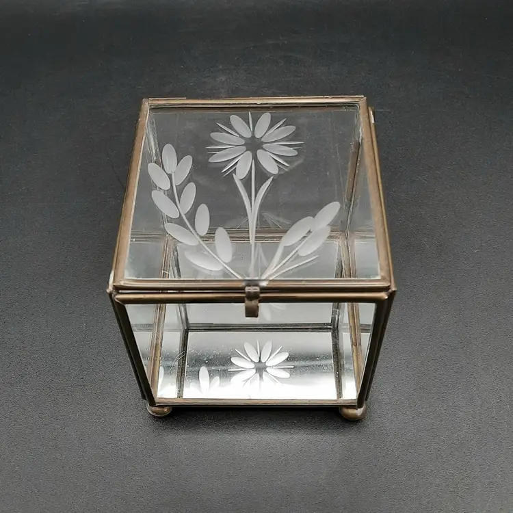 Vintage Floral Etched Glass Mirrored Brass Edged Trinket Jewelry Box