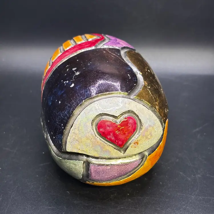 Art Pottery Egg Shaped Lidded Trinket Box With Hearts 4.5”x3”