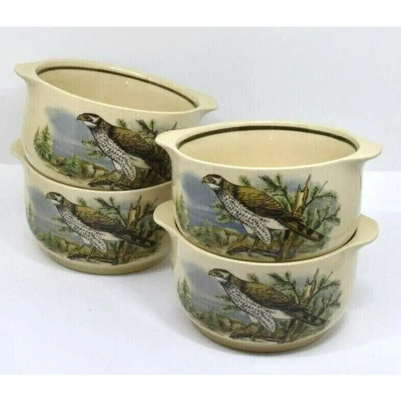 Colditz Porcelain, East Germany Soup Bowls with Falcon Images, Set of 4, 1970-1990