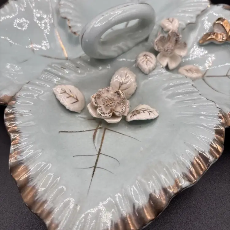 Vintage Capodimonte Style Floral Candy Dish 4 Section, Handle, Light Blue, Gold