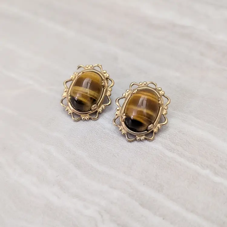 Vintage Clip On Earrings Tigers Eye with Ornate Halo Brown & Gold Tone Earrings